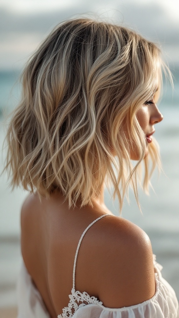 A woman with a beachy waves bob hairstyle, showcasing soft, tousled waves in a beautiful blonde shade, against a beach backdrop.