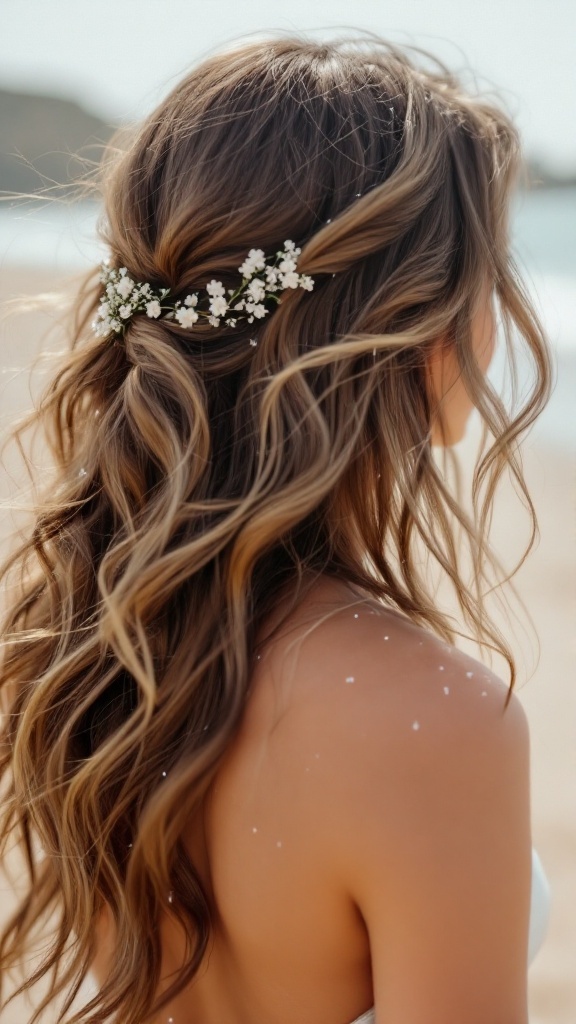 A woman with beachy waves hairstyle adorned with small white flowers, standing by the beach