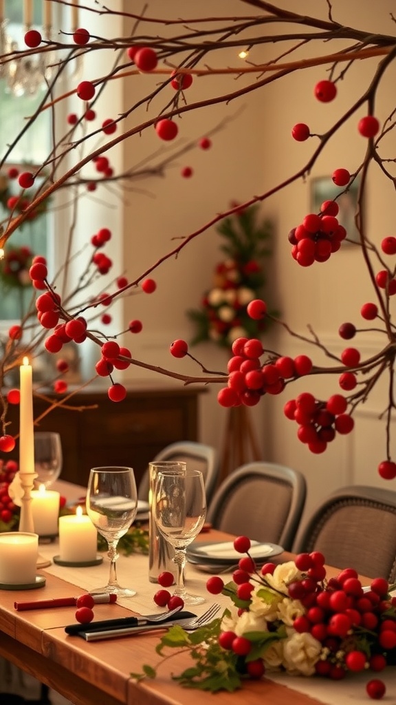 A winter bridal shower table setting featuring red berries on branches, candles, and elegant glassware.