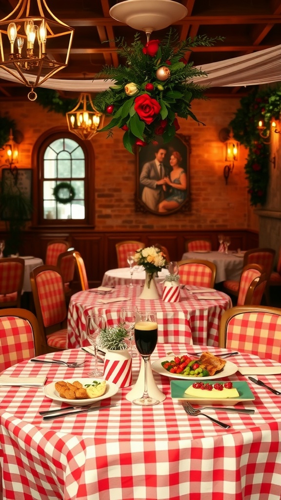 A beautifully arranged Italian bistro setting with checkered tablecloths, festive decorations, and delicious food.