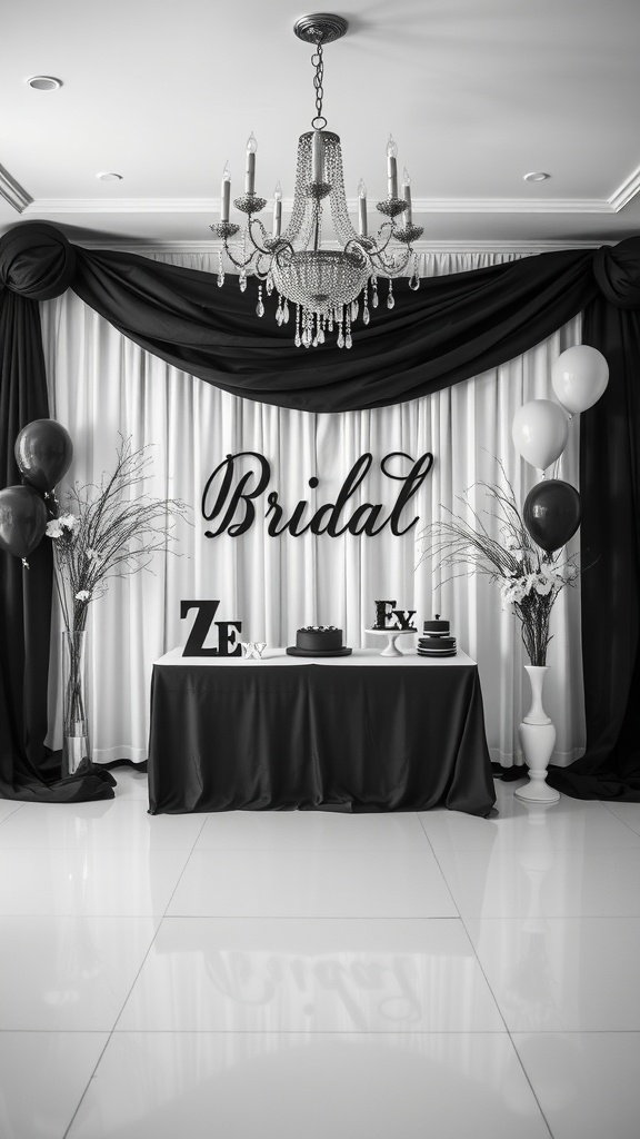 A black and white themed bridal shower setup with a chandelier, black and white decorations, and a dessert table.