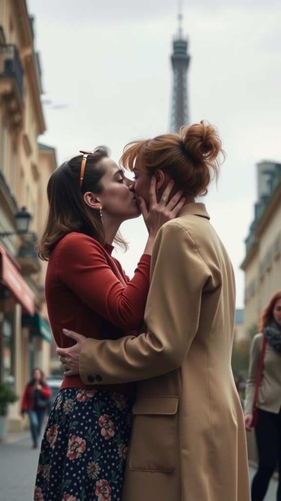 Two women kissing in front of the Eiffel Tower, capturing a romantic moment.
