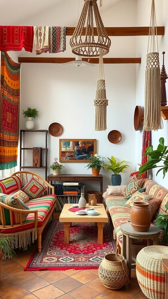 A cozy bohemian themed living space with vibrant textiles and natural decor.