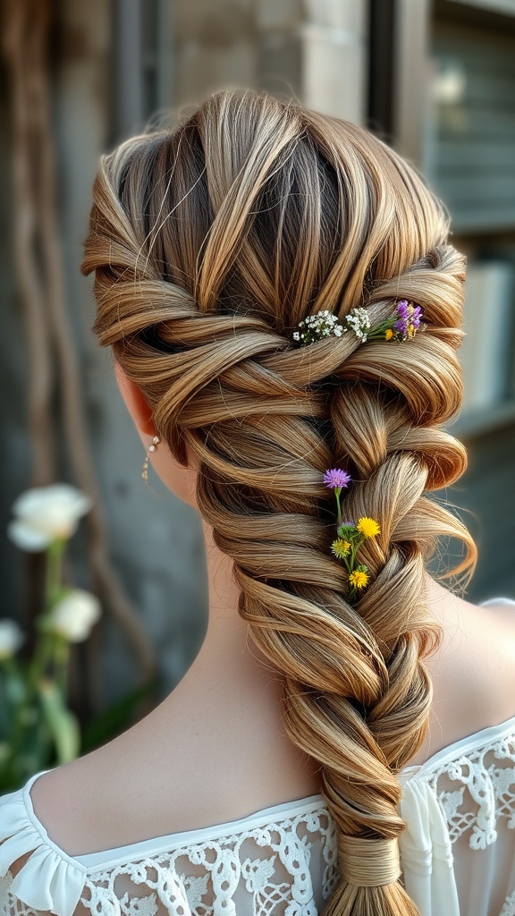 A close-up of a bohemian braid hairstyle adorned with small flowers.