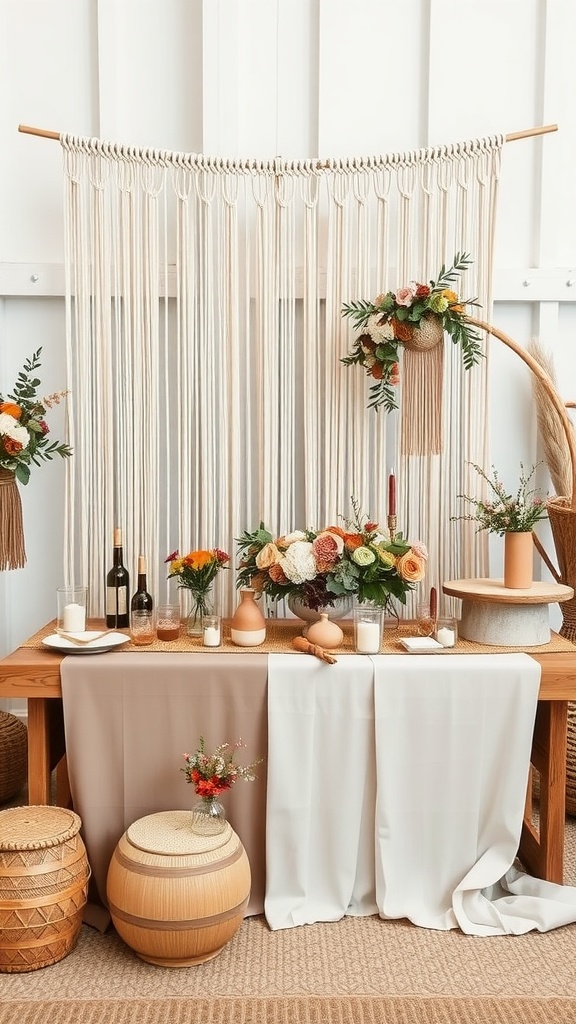 Bohemian chic bridal shower setup with macramé backdrop, floral arrangements, and a rustic table.
