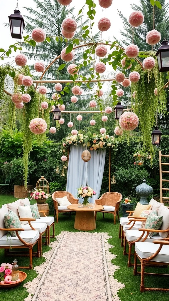 A beautiful bohemian garden party setup for a bridal shower, featuring pink pom-poms, greenery, and cozy seating.