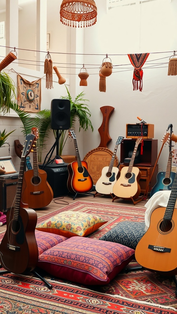 A cozy bohemian setting with guitars and colorful pillows, perfect for music and dance at a bridal shower.