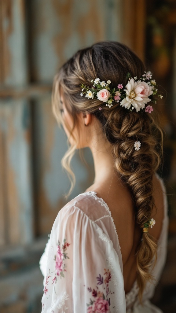 A side braid hairstyle adorned with flowers, showcasing a bohemian style suitable for summer weddings.
