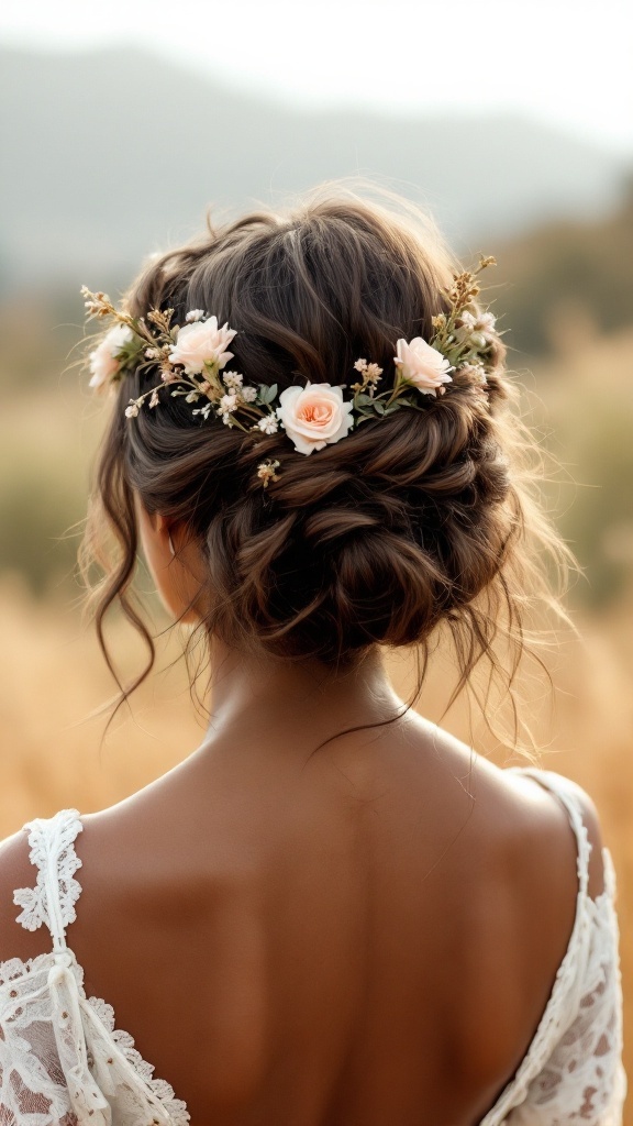 A boho-style loose updo with flowers, viewed from the back.