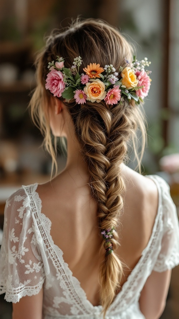 A girl with a boho braid adorned with colorful flowers, showcasing a soft and romantic hairstyle perfect for bridesmaids.