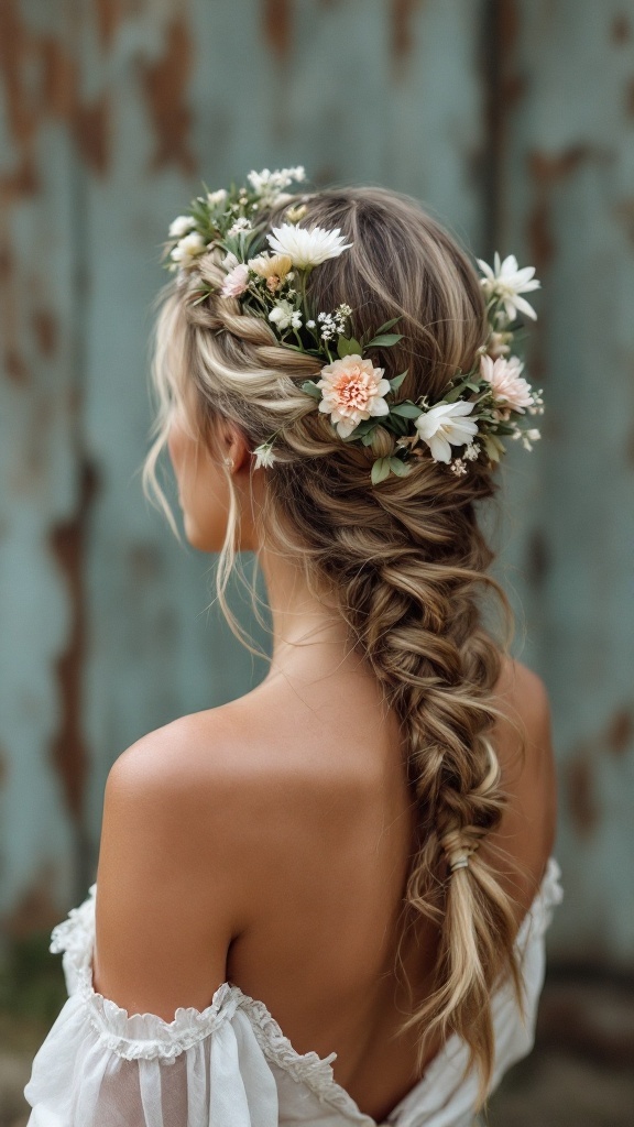 Boho braided crown hairstyle with flowers, perfect for a summer wedding.