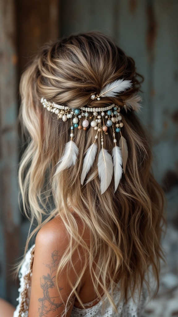 Boho chic half-up hairstyle with soft waves, adorned with feathers and beads.