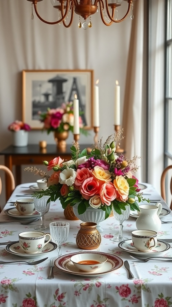 A beautifully arranged boho chic tea party table with floral centerpiece and vintage tea sets.