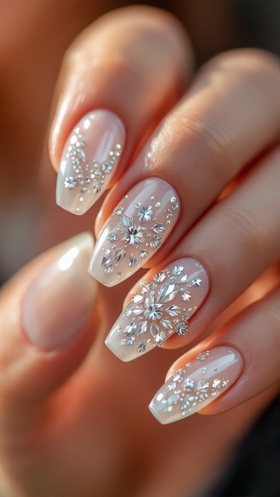 Nails with chrome finish and jewel embellishments, showcasing intricate designs.