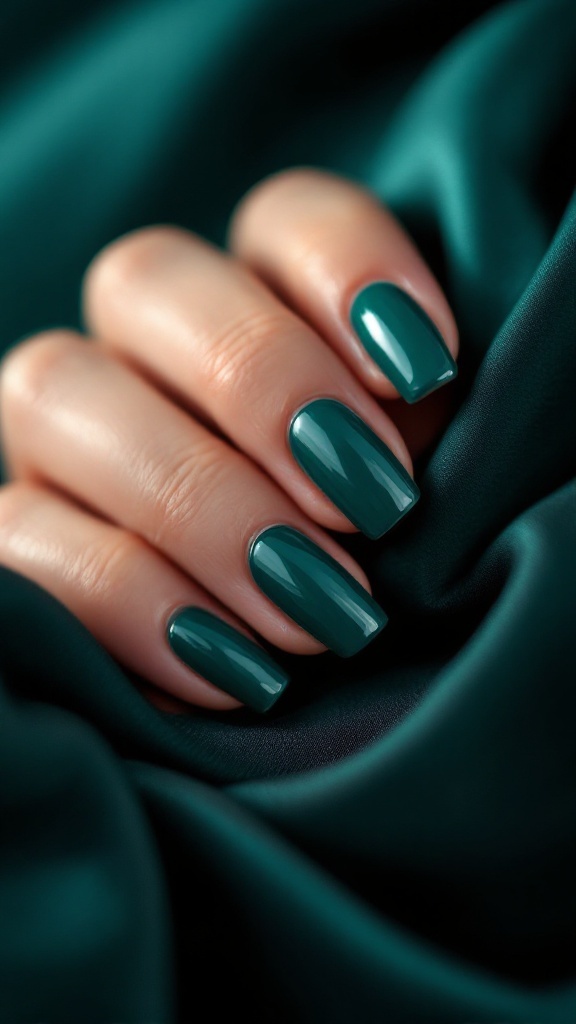 Close-up of a hand with square-shaped nails painted in a deep green color on a teal fabric background.