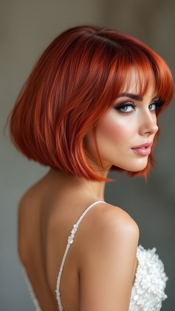A woman with a bold red bob hairstyle and glamorous makeup, wearing a white dress.
