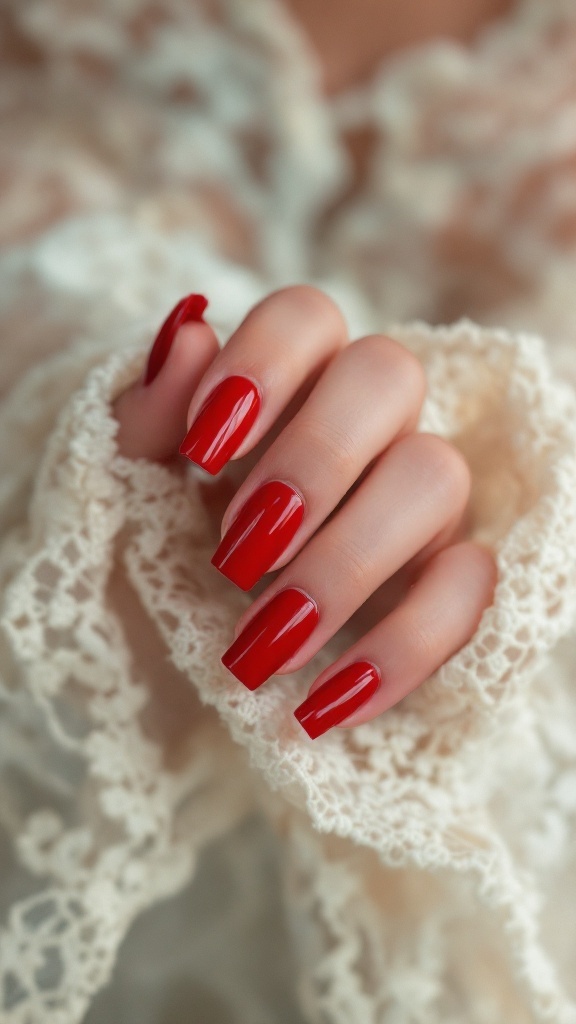 A hand with square-shaped bold red nails resting on a soft lace fabric