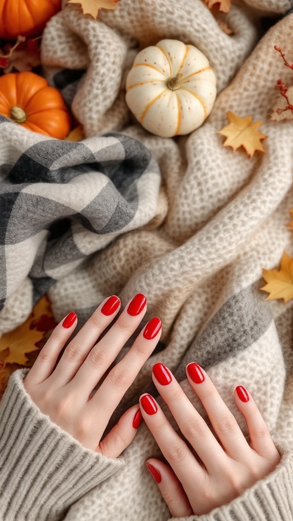 Image of hands with bold red nails resting on a cozy blanket with pumpkins and autumn leaves.