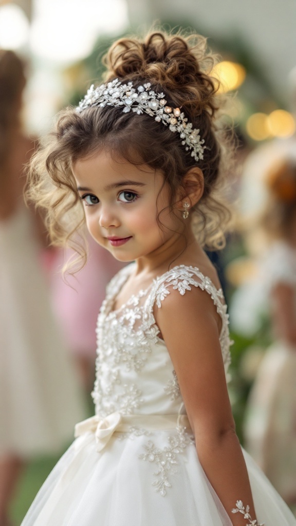 A little girl with bouncy curly locks styled with a sparkling headband, wearing a beautiful dress.