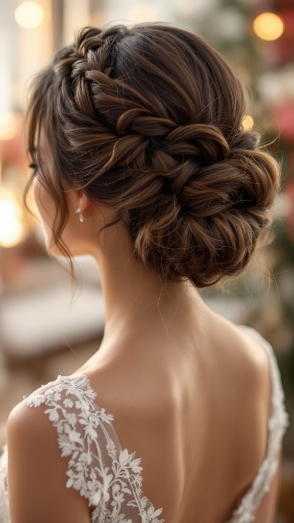 A close-up view of a braid and bun hairstyle for bridesmaids.