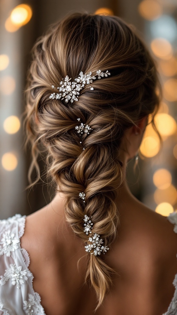 A braided hairstyle with glittering hairpins for bridesmaids, showcasing elegance and charm.