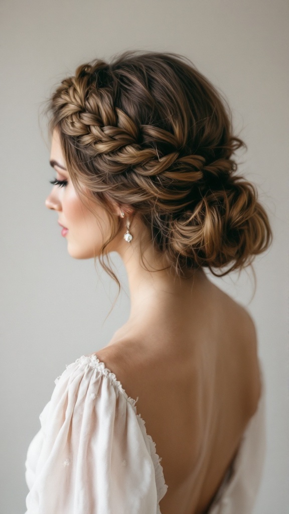 A woman with a braided crown hairstyle and curly tendrils, wearing a white dress.