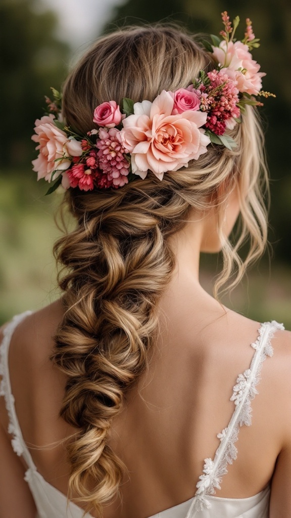 A beautiful braided crown hairstyle adorned with flowers for bridesmaids with long hair.