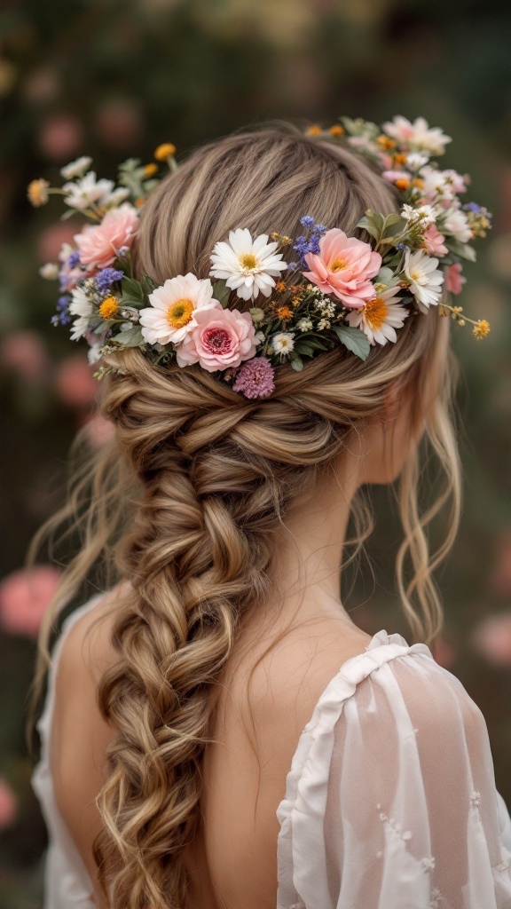 Bridal hairstyle featuring a braided crown with loose tendrils and floral decorations.