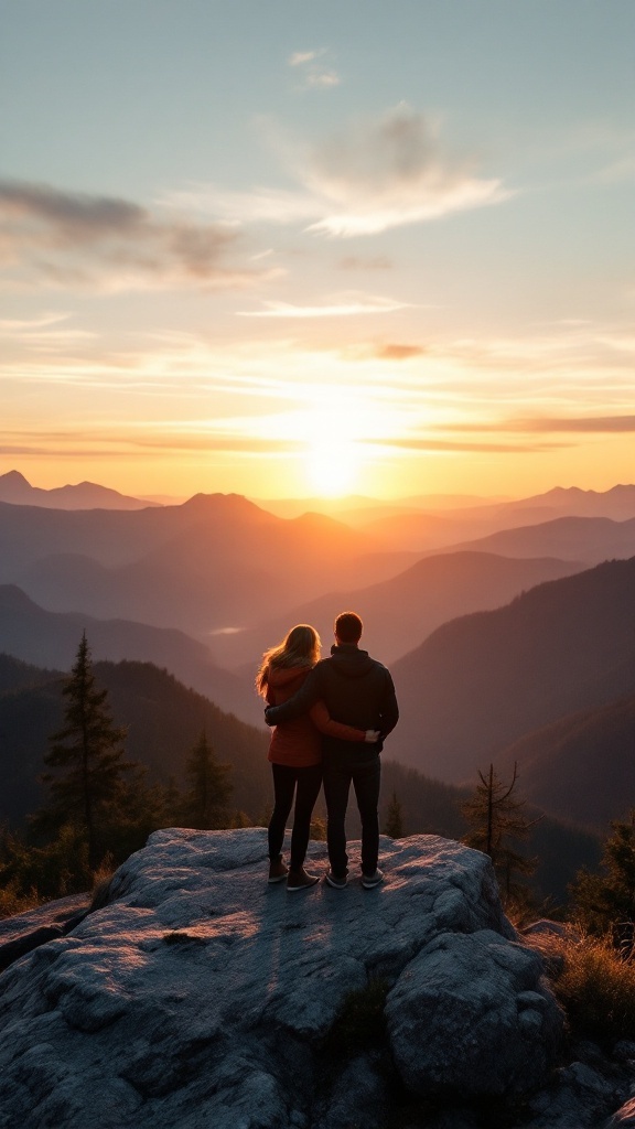 Couple embracing on a rocky outcrop with mountains and sunset in the background