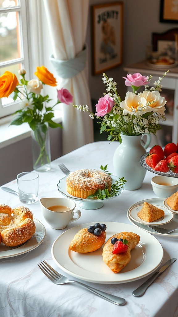 A beautifully set brunch table with pastries, strawberries, and flowers.