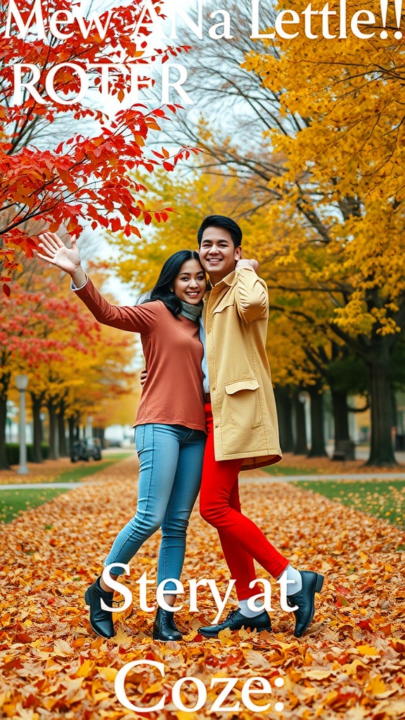 A couple dressed in bright autumn colors, surrounded by fall foliage.