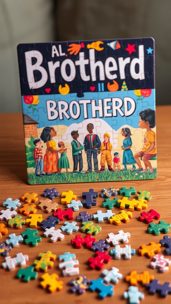 Colorful brotherhood-themed puzzle with pieces scattered around.