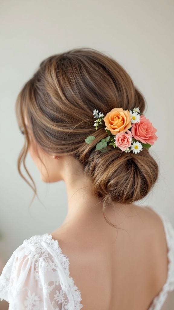 A woman with a bubble ponytail hairstyle decorated with peach and white roses, showcasing a stylish look for bridesmaids with long hair.