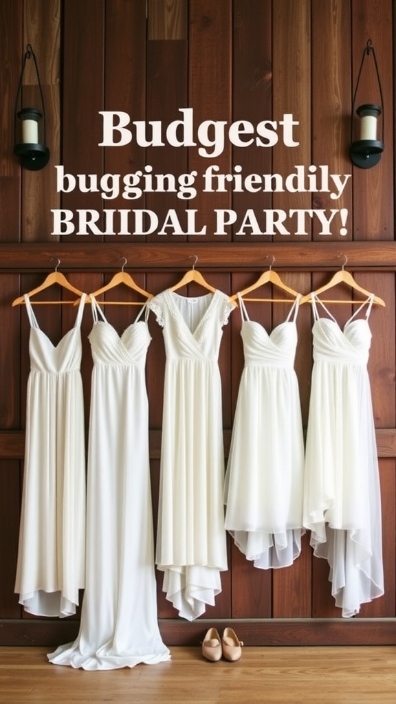 A display of budget-friendly bridal party dresses hanging on wooden hangers.