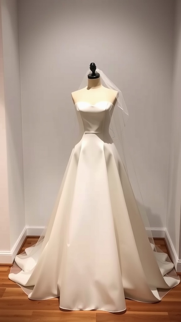 Elegant bridal gown displayed on a mannequin with a veil.