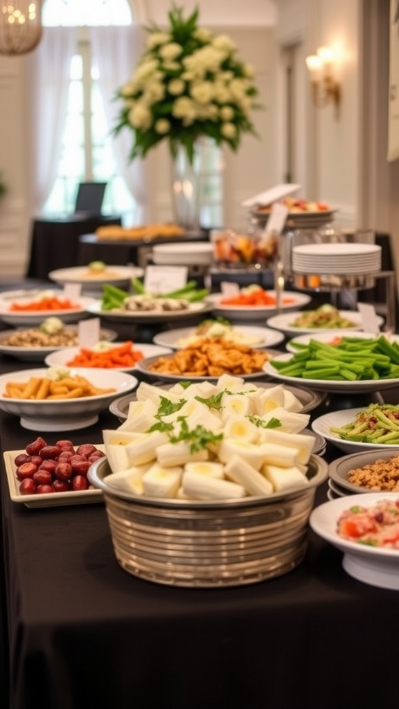 A buffet table featuring a variety of colorful dishes including fruits and vegetables.