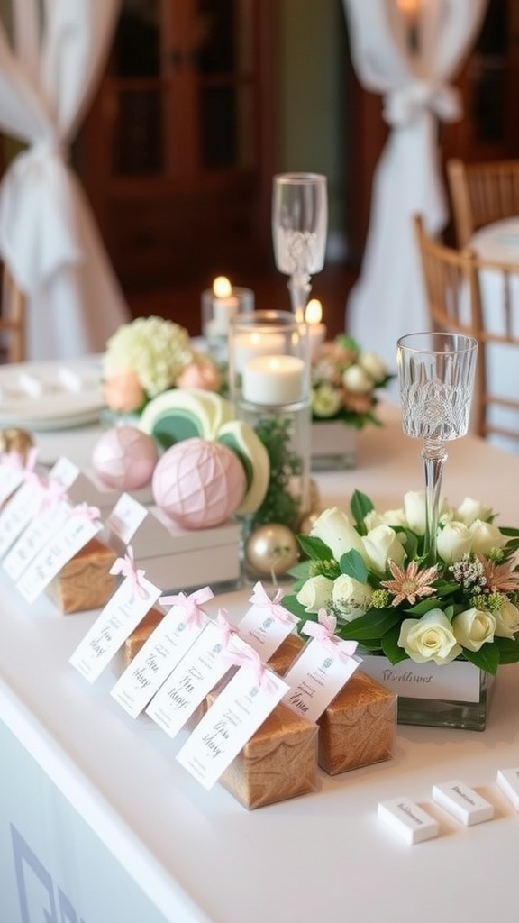 A beautifully arranged table with budget-friendly wedding favors, featuring neatly packaged gifts with ribbons and a floral centerpiece.
