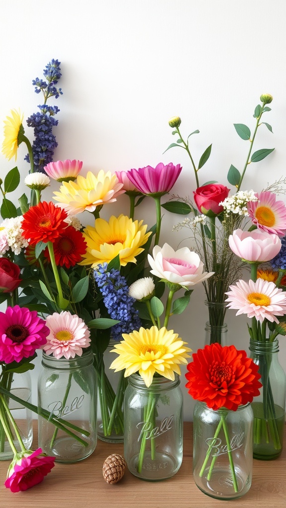 Colorful flowers in mason jars, perfect for a budget-friendly barn wedding