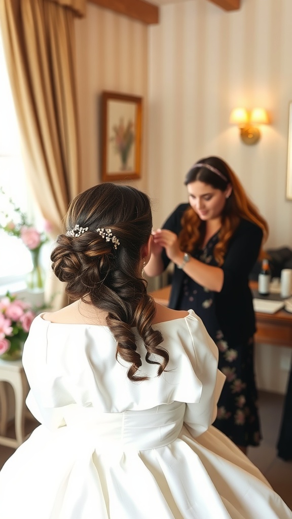 A bride in a white dress having her hair styled while a makeup artist is assisting her.