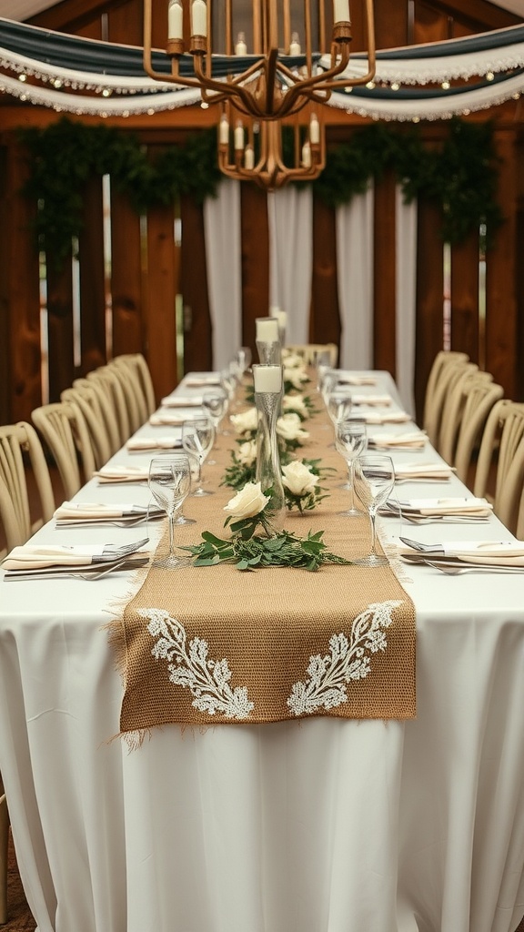 A rustic wedding table set with burlap and lace accents, featuring elegant glassware and floral arrangements.