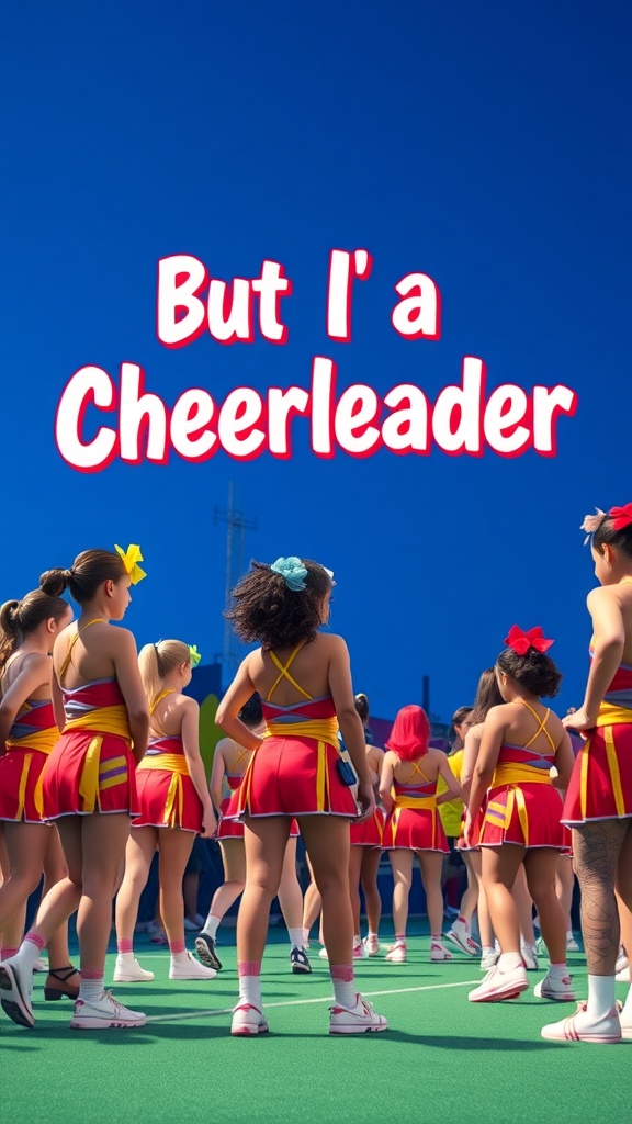 A group of cheerleaders standing together with the title 'But I'm a Cheerleader' overlaying the image.