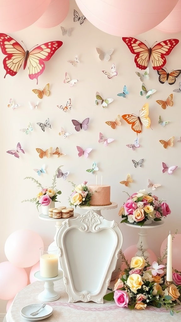 Bridal shower decor featuring butterflies, pink cake, flowers, and soft balloons.