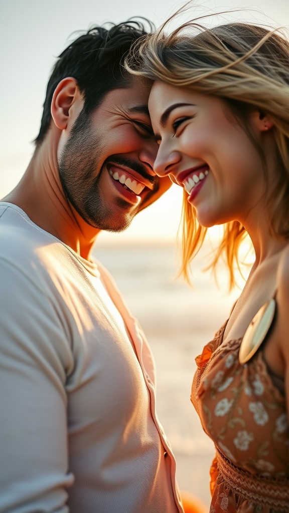 A couple laughing together by the beach at sunset, showcasing their love and joy.