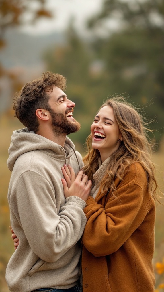 A couple laughing together outdoors, capturing a moment of joy and connection.