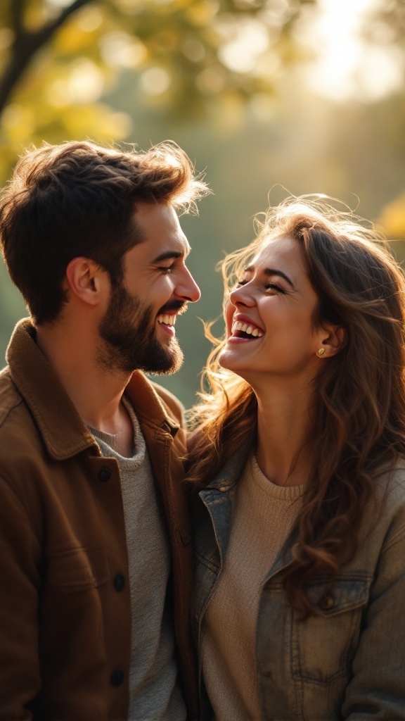 A couple sharing a joyful moment outdoors, laughing together in natural light