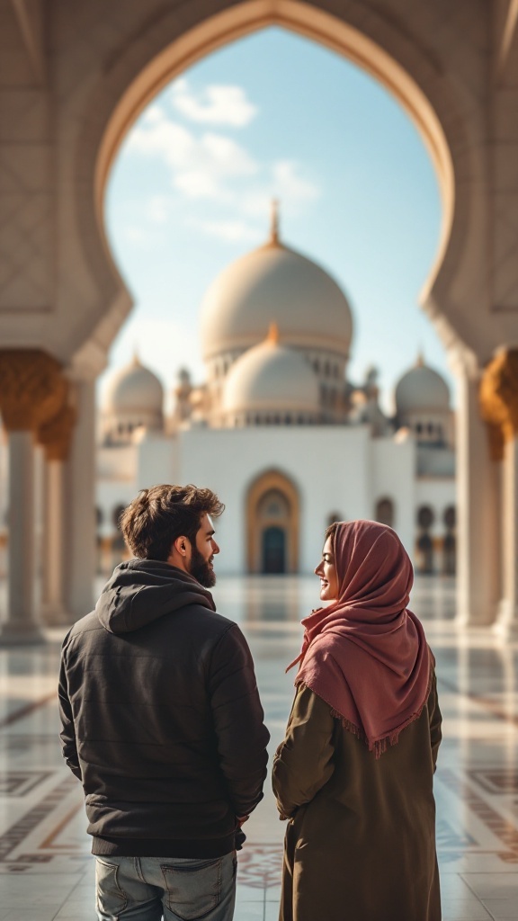 A couple standing in front of a mosque, enjoying a candid moment together.