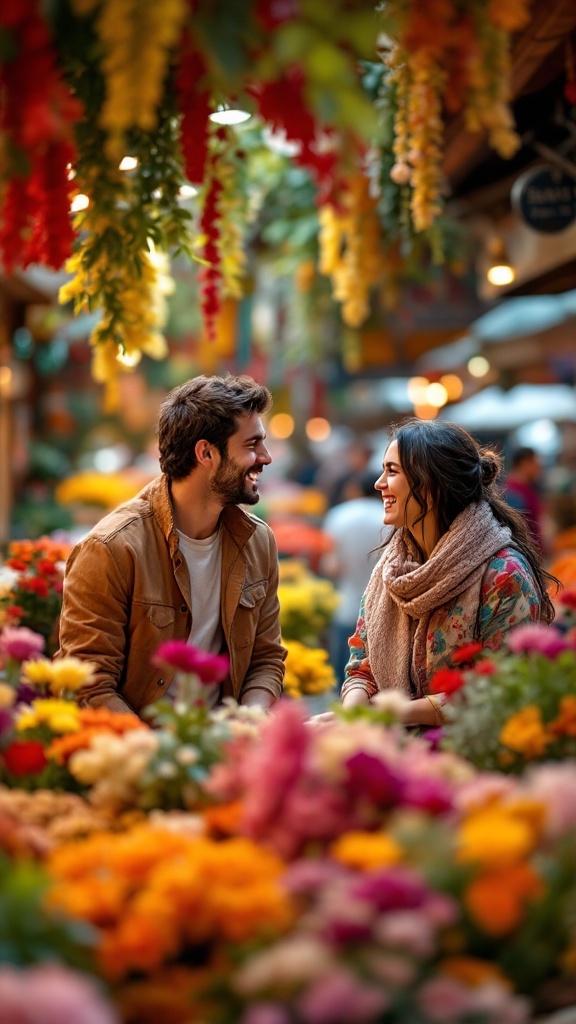 Two women in traditional Indian saris smiling at each other in a colorful flower market