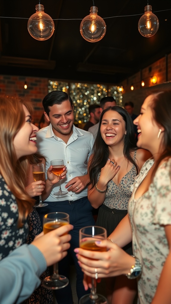 Group of friends enjoying drinks and laughing at an engagement party.