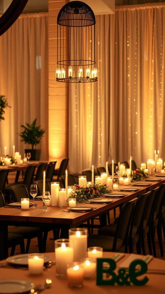 An elegantly decorated engagement party table with candles and soft lighting.