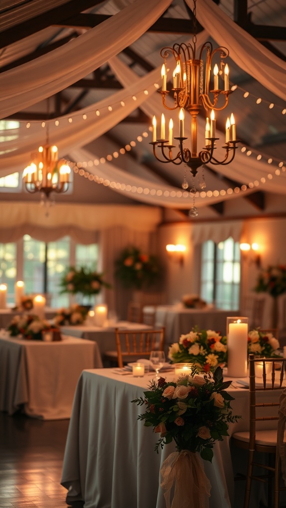 A candlelit reception setting with elegant tables, flowers, and chandeliers.